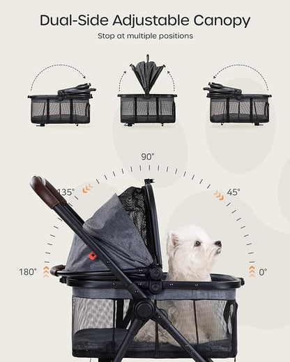 3 in 1 Pet Carrier Stroller with Detachable Carrier, Foldable Dog & Cat Stroller for Small/Medium Dogs up to 33 lbs, Large Storage Bag, Full Window Mesh, One-Touch Dual Brake, Car Seat