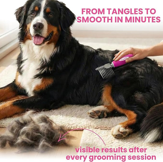 Poodle Dematting Fur Rake Comb Brush for Dogs and Cats - Long 2.5" Steel Safety Blades Metal Comb for Detangling Matted or Knotted Undercoat Hair