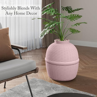 Cat Litter Box, Hidden Litter Box with Faux Plant, Heavy Duty Litterbox Enclosure Furniture with Rattan Pattern, PP Cat Box Enclosure Furniture for Living Room, Bedroom, Pink