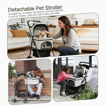 Pet Stroller for Small Dogs and Cats with 4 Wheels, 3 in 1 Foldable Dog Stroller with Detachable Carrier, Breathable Mesh, Storage Basket & Cup Holder, Up to 33 lbs
