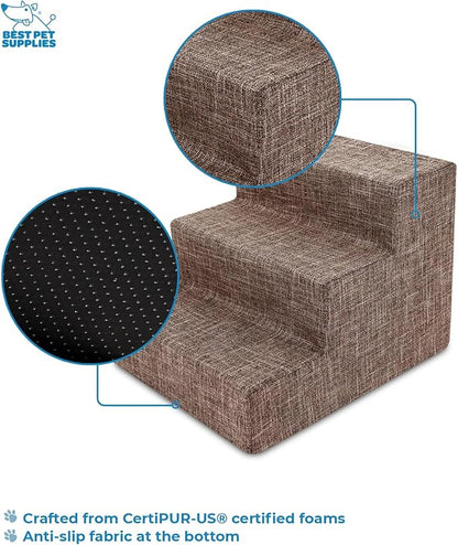 Best Pet Supplies Dog Stairs & Steps - Foam Steps for Small Dogs & Cats, Non-Slip Indoor Balanced Pet Step Support, Dog Ramp, No Assembly, Brown Linen, 3-Step (13.5-inch Height)