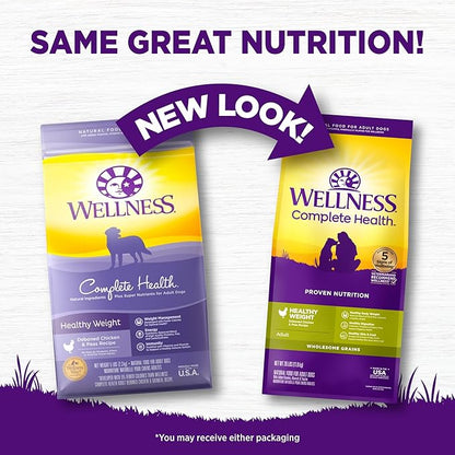 Wellness Complete Health Healthy Weight Adult Dry Dog Food, Wholesome Grain Kibble, Chicken and Peas Recipe, 26 lb Bag