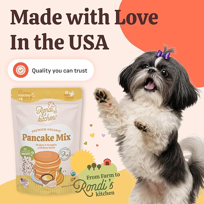Rondi's Kitchen Organic Dog Pancake Mix - Natural Healthy Treat for All Dogs - Superfood Snack Made with Human-Grade Ingredients - Makes About 38 Pancakes - Chicken & Pumpkin with Bone Broth
