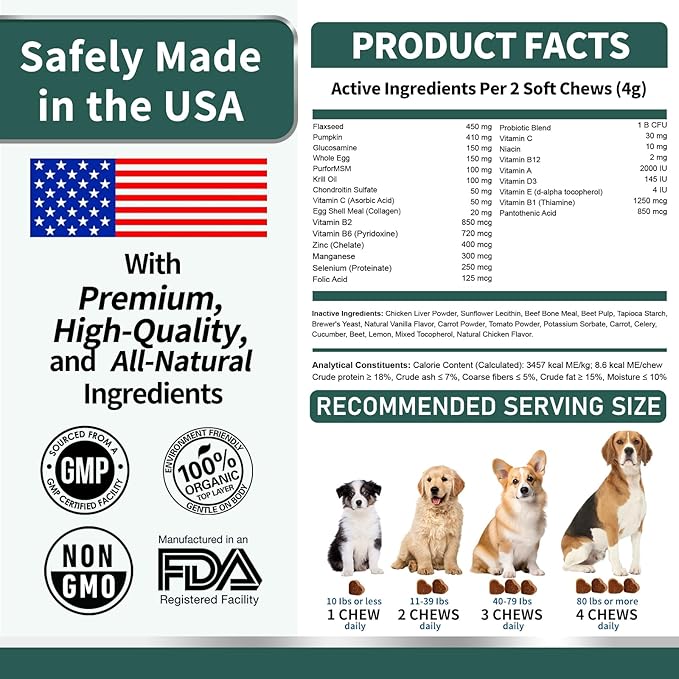 Dog Multivitamin, Glucosamine Chondroitin for Dogs, Dog Vitamins and Supplements, Probiotics, Krill Oil for Hip & Joints, Skin, Coat, Immune Health, Heart, Digestion (180 Chews, Beef)