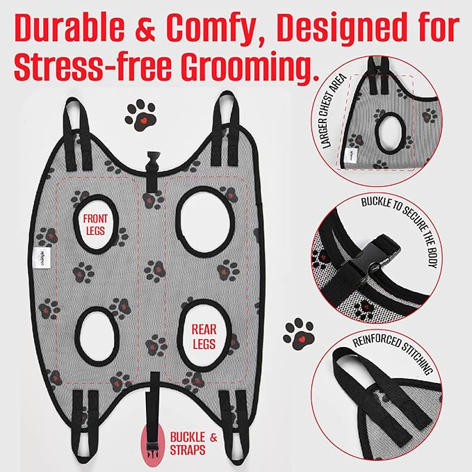 Dog Grooming Hammock for Dogs – Dog Restraint for Nail Trimming with Pet Nail Clipper – Dog Sling for Grooming, Dog Hammock for Nail Cutting & Grooming Harness (Legs Spacing:11-14”)/Max W:45lb)