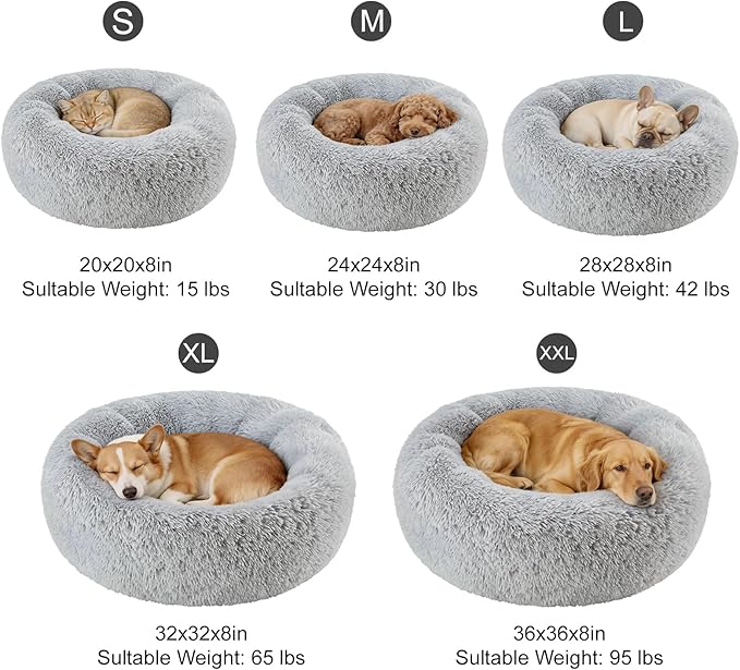 Dog Calming Beds for Small Medium Dogs - Round Donut Washable Dog Bed, Anti-Slip Faux Fur Fluffy Donut Cuddler Anxiety Cat Bed(Light Grey 32")