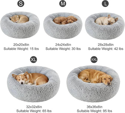 Dog Calming Beds for Small Medium Dogs - Round Donut Washable Dog Bed, Anti-Slip Faux Fur Fluffy Donut Cuddler Anxiety Cat Bed(Light Grey 28")