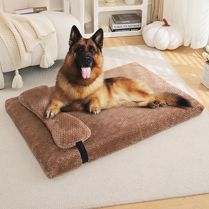 huraty Large Dog Bed Mat with Pillow, Egg Crate Foam Pet Bed Bolster Pillow for Support, Washable Dog Bed Mattress Suitable for Pets Up to 50 lbs, Brown 39.4x25.5x3 in