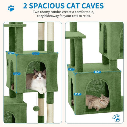 GarveeLife 61" Multi-Level Cat Tree for Indoor Cats, Heavy-Duty Tower for Large Adult & Maine Coon Cats with Oversized Perch, Dual Condos, Natural Sisal Scratching Posts & Play Toys – Green