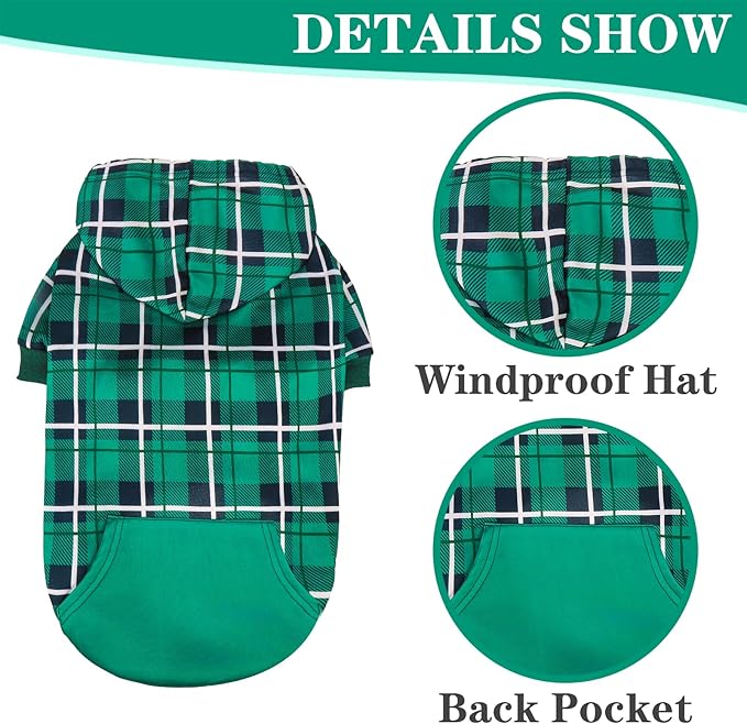 EXPAWLORER Plaid Dog Hoodie - British Style Warm Dog Sweater Shirt with Leash Hole,Pitbull Clothes Outfits,Winter Coat Apparel for All Breeds Puppy Girl Boy-Cat Apparel,Green Small
