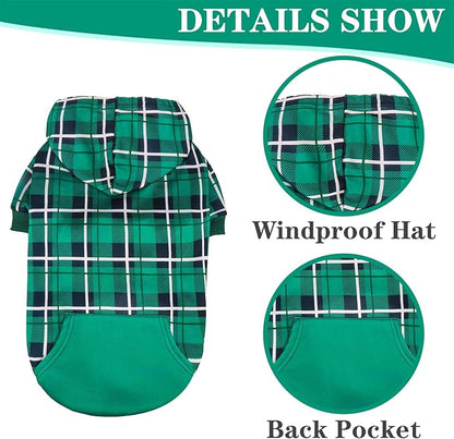 EXPAWLORER Plaid Dog Hoodie - British Style Warm Dog Sweater Shirt with Leash Hole,Pitbull Clothes Outfits,Winter Coat Apparel for All Breeds Puppy Girl Boy-Cat Apparel,Green S-Medium