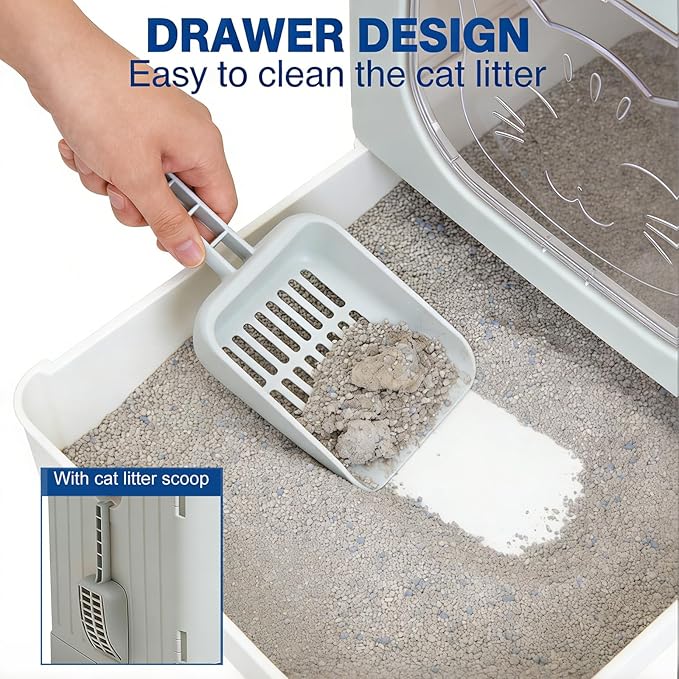 Cat Litter Box with Scoop, Large Foldable Litter Box with Lid & Drawer Tray, Top Entry Cat Litter Box, Odor Control, Easy to Clean for Small to Medium Cats (Light Gray, 19" L x 15.3" W x 15" H)