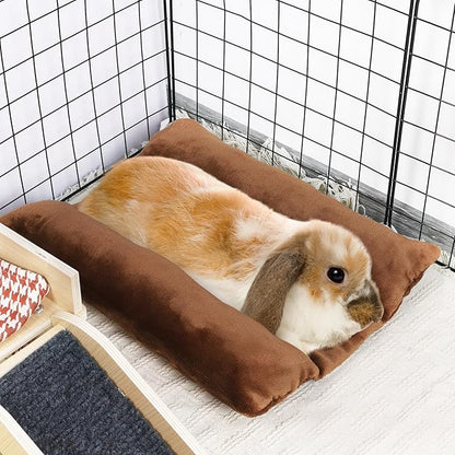 MEWTOGO 15.7" x 14" Bunny Bed for Rabbit Cage - Thickened Soft Prevent Sore Hocks Plush Mat with Cotton Lounger Pillows, Small Animal Flop Mat for Hutch Sleeping Indoor, Brown