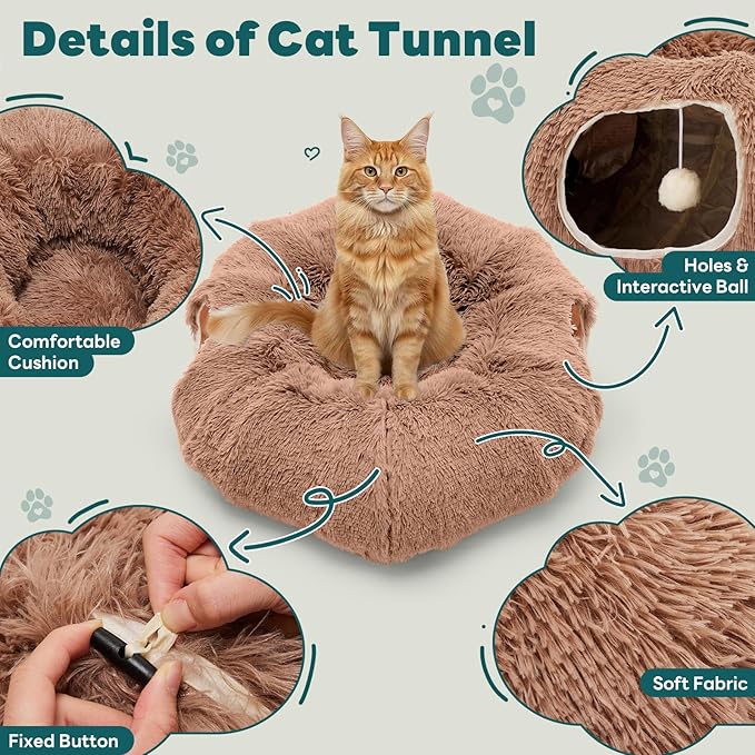 DUMOS Cat Tunnel Bed for Indoor Cats Cave Donut Play Tunnel with Soft Plush Peekaboo, Circle Cushion, Washable Multifunctional Playground Under Tree Pet Toys for Kittens, Puppy Rabbit, Ferret, Brown