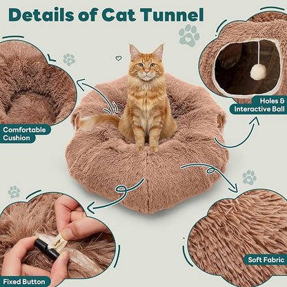 DUMOS Cat Tunnel Bed for Indoor Cats Cave Donut Play Tunnel with Soft Plush Peekaboo, Circle Cushion, Washable Multifunctional Playground Under Tree Pet Toys for Kittens, Puppy Rabbit, Ferret, Brown