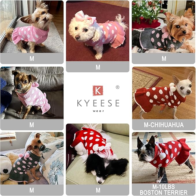 KYEESE Dog Sweaters with Leash Hole for Small Dogs Turtleneck Dog Sweater Dress for Girl Polka Dot Knit Pullover Doggie Sweater Warm Pet Sweater