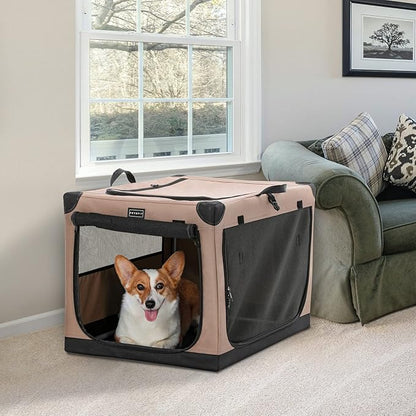 PETSFIT 30" Soft Portable Dog Crate – Patented Spiral Sturdy Frame, Collapsible Travel Kennel for Medium & Large Dogs, 3 Mesh Door, Lockable Zippers, Indoor & Car Use Khaki