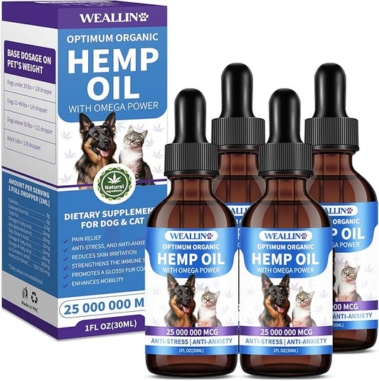 WEALLIN Hemp Oil for Dogs and Cats - Omega-3, 6, 9 Rich Organic Extract - Eases Pet Anxiety, Pain, Skin & Coat Health - Stress Relief, Hip & Joint Support - Calming Treats (4 Pack)