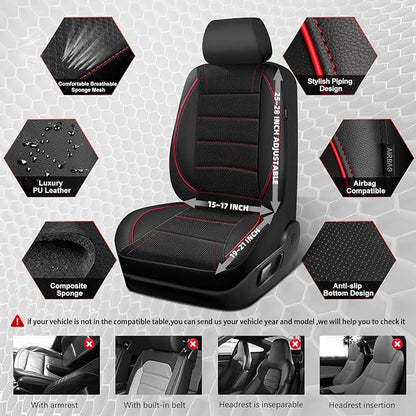 CAR PASS Air Mesh Leather Car Seat Covers Front Seats, Breathable Two Front Seat Covers for Cars, Comfortable Universal Fit for SUV Truck Sedan Automotive, Anti-Slip Airbag Compatible,Black and Red