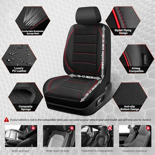 CAR PASS Air Mesh Leather Car Seat Covers Front Seats, Breathable Two Front Seat Covers for Cars, Comfortable Universal Fit for SUV Truck Sedan Automotive, Anti-Slip Airbag Compatible,Black and Red