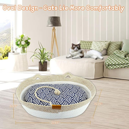 Pet Beds for Cats, Cat Beds for Indoor Cats 19.69"×13.78"×6.30",Cotton Rope Oval Cat Bed for All Seasons (with Cooler Straw Mat and Cotton Mat Both), Suitable for cats＆dogs (Yellow-white, Medium)