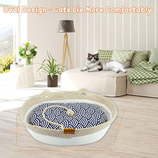 Pet Beds for Cats, Cat Beds for Indoor Cats 19.69"×13.78"×6.30",Cotton Rope Oval Cat Bed for All Seasons (with Cooler Straw Mat and Cotton Mat Both), Suitable for cats＆dogs (Yellow-white, Medium)