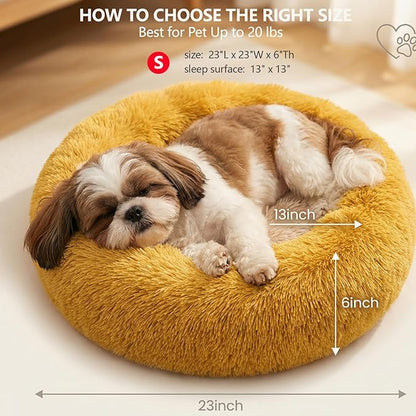 Calming Donut Dogs Beds for Small Dogs Washable,23inch Plush Round Pet Bed for Cozy Sleep,Fluffy Faux Fur Large Cat Bed,Fits up to 25 lbs Pets,Orange