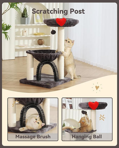 Simple Deluxe 27.8" Small Cat Tree Tower for Indoor Cats, Multi-Level Cute Cat Tree with Scratching Post| Plush Hammock| Perch| Replaceable Cover| Groomer Brush| Dangling Ball for Kittens Play & Rest