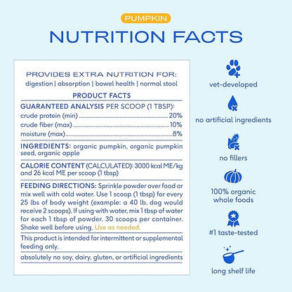 Native Pet Pumpkin for Dogs - Organic Dog Food Topper Powder - Promotes Firm Stools, Supports Digestive, Bowel Health & Nutrient Absorption - USDA Organic, Rich in Fiber with Real Pumpkin - 60 Scoops
