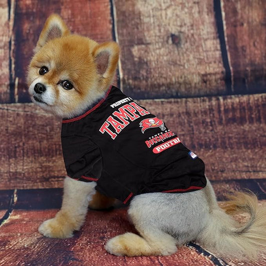 NFL Tampa Bay Buccaneers Dog T-shirt Medium. - Licensed Shirt for Pets Team Colored with Team Logos- Premium Stretchable Materials for the comfort of your Dog & Cat
