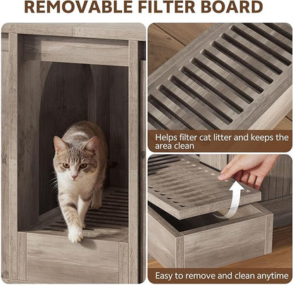 Cat Litter Box Enclosure with Litter Collector, 59'' Double Litter Box Enclosure for 2 Cats, Hidden Litter Box Furniture for Indoor Cats Large Adult, Cat House, Side Table, TV Stand, Grey
