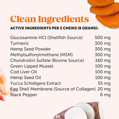 Hemp Hip & Joint Supplement for Dogs - Hemp Oil & Powder - Glucosamine Chondroitin for Dogs, Turmeric, MSM, Green-Lipped Mussel, Supports Mobility, May Reduce Discomfort (Bacon)