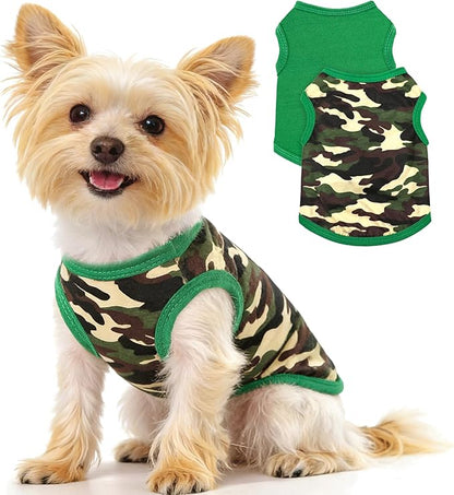 2 Pack Dog Shirts for Small Dogs Girl Boy Camouflage Puppy Clothes Pet T Shirts Dog Clothes for Small Dogs Cats Apparel (Green Camouflage + Solid Color, Medium)