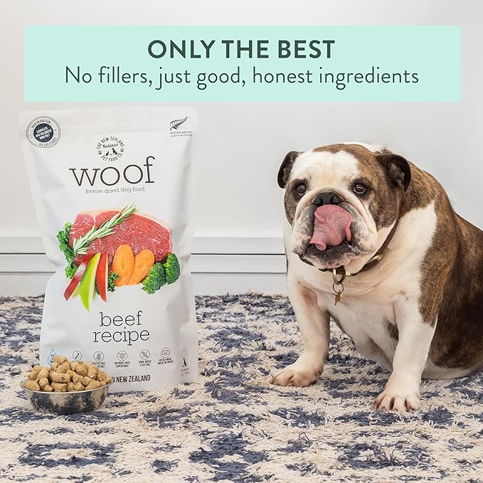 The New Zealand Natural Pet Food Co. WOOF Freeze Dried Dog Food - Beef Recipe, High Protein, Use as a Complete Diet, Dog Food Topper, Mixer, or as Dog Treats, All Life Stages, 9.9 oz