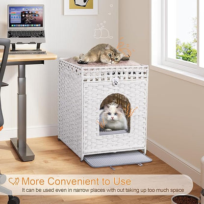Snughome Cat Litter Box Enclosure Furniture Hidden with Litter Mat, Hidden Washroom Furniture with Door, Handwoven Rattan Cat Washroom Box, Indoor Pet House for Living Room, Bedroom(White)