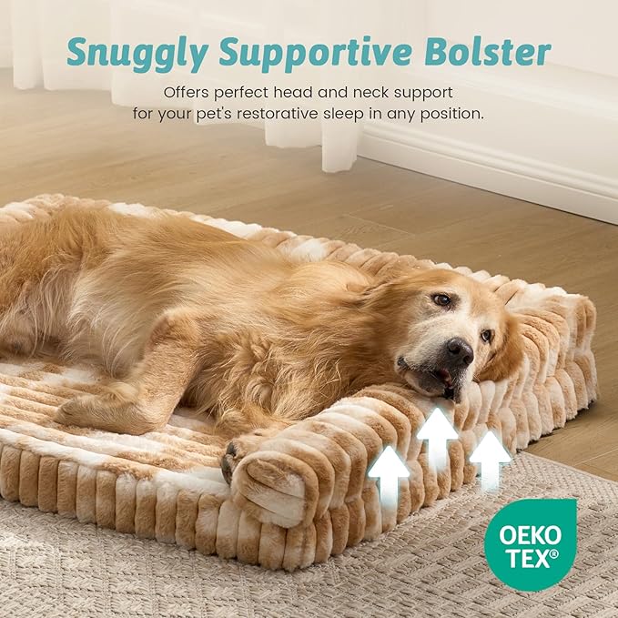 COZY KISS Extra Large Dog Bed, Faux Rabbit Fur Orthopedic Dog Bed with Sides, Removable Washable Cover & Waterproof Lining, Comfortable Pet Couch, Tie-Dye Brown (48" L x 35" W x 7.5" Th)
