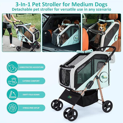 Ownpets Dog Stroller with Upgraded 4 Wheels, 3 in 1 Foldable Pet Stroller for Medium Dogs and Cats Up to 66lbs, Detachable Carrier for Car Seat, with Storage Organizer, Cup Holder