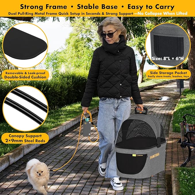 PAWZIDEA Pet Stroller 4-in-1, Foldable Dog Stroller with Detachable Carrier for Small Medium Dogs & Cats, Escape-Proof No-Zip Canopy, Lightweight Portable Travel Crate & Car Seat Combo, Storage Basket
