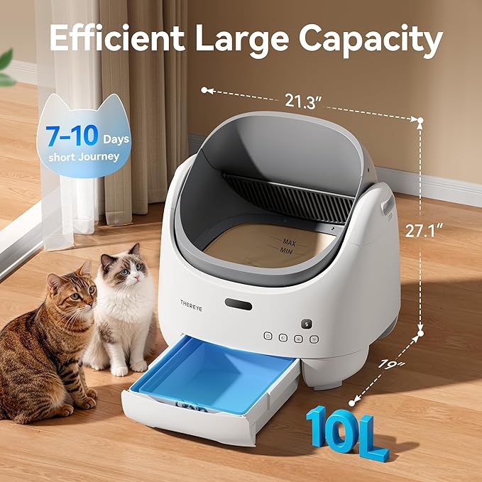 Thereye Self Cleaning Cat Litter Box, Open Top Automatic Litter Box for Multiple Cats, APP Control Smart Litter Box, Safety Sensors and Odor Control, Adjustable Entry Height Anti-Splash