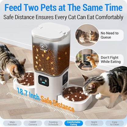 Frienhund Dual Automatic Cat Feeder with Camera for 2 Cats: 5G WiFi Automatic Dog Feeder with Night Vision, 7L Auto Cat Food Dispenser with Two Camera for Multiple Pet, Easy to Clean-29 Cup(ACF180W-A)