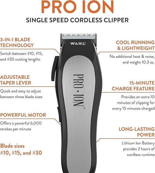 Wahl Professional Animal Pro Ion Pet, Dog & Cat Cordless Clipper Kit (#9705) - Cat, Dog & Pet Grooming Kit - Great Pet Grooming Clippers for First-Time Groomers - with 2 Hour Run Time