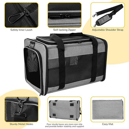 Hipubby Cat Carrier Dog Carrier for Pets Up to 16 Lbs, Soft-Sided Pet Travel Carrier for Cats and Small Dogs, Airline Approved Pet Carrying Case with Shoulder Strap & Removable Mat - Grey