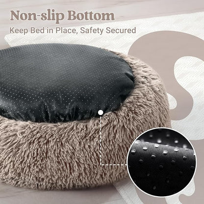 rabbitgoo Cat Beds for Indoor, 20 inches Machine Washable, Fluffy Round Pet Bed Non-Slip, Calming Soft Plush Donut Cuddler Cushion Self Warming for Small Dogs Kittens, Khaki, Medium