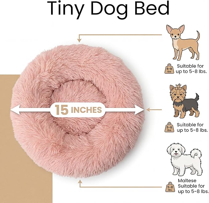 Tiny Dog Bed 15 Inch for Extra Small Dogs,Washable Puppy Bed,Soft Faux Fur Calming Donut Bed for Chihuahua Yorkie Maltese Pomeranian,Pink