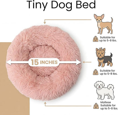 Tiny Dog Bed 15 Inch for Extra Small Dogs,Washable Puppy Bed,Soft Faux Fur Calming Donut Bed for Chihuahua Yorkie Maltese Pomeranian,Pink