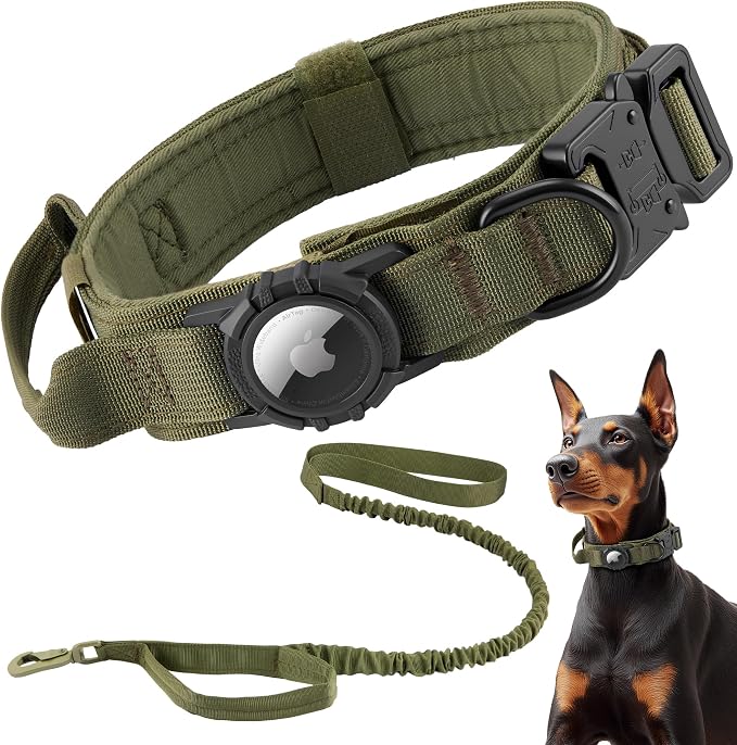 Tactical AirTag Dog Collar Leash Set - Heavy Duty, Adjustable GPS Collar | Compatible with Apple AirTag, with Holder & Control Handle for Medium/Large Dogs [ Green, L ]