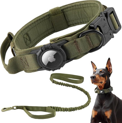Tactical AirTag Dog Collar Leash Set - Heavy Duty, Adjustable GPS Collar | Compatible with Apple AirTag, with Holder & Control Handle for Medium/Large Dogs [ Green, L ]