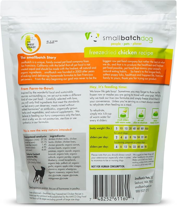 smallbatch Pets Freeze Dried Raw Dog Food, Chicken Recipe, 14 oz, Organic High Protein Dog Food, Grain Free, Made in the USA, Humanely Raised Meat, Single Protein, for Picky Eaters, Hydrate & Serve