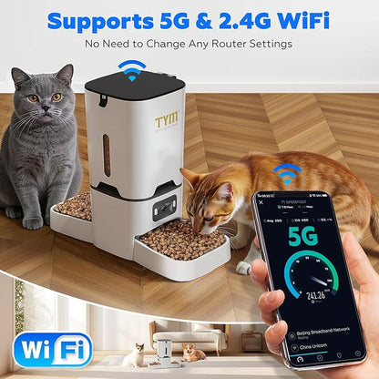 TYM Automatic Cat Feeder with 2 Camera for 2 Cats, 7L Dog Food Dispenser with Night Vision 2K 4MP, 5G WiFi Dual Auto Cat Feeder with Smart App for Multiple Cats & Small Dogs, Detachable for Clean