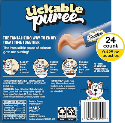 Temptations Creamy Puree Squeezable Lickable Cat Treats, Wet Cat Treats with Salmon, 0.42 oz. Tubes, 24 Count - Packaging May Vary